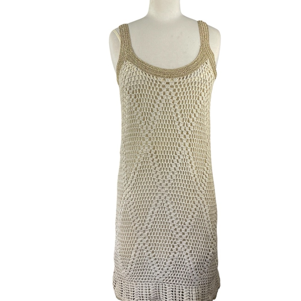 Boston Proper Boho Chic gilded crochet cream w/gold shimmer trim tank dress Sz 6